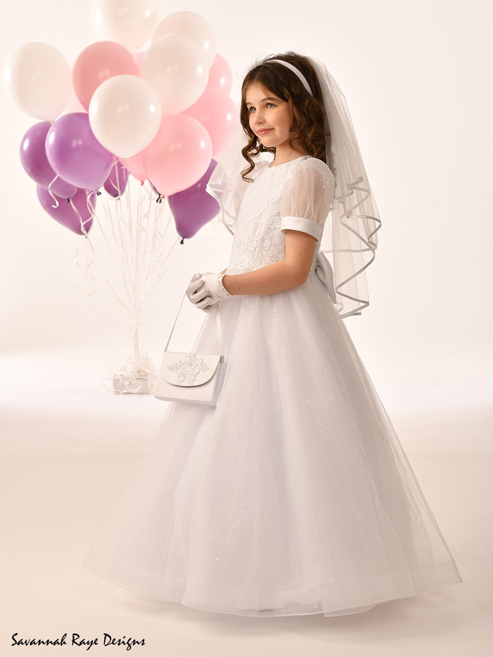 Savannah Raye By Linzi Jay Girls White Communion Dress:- SRD- Violet