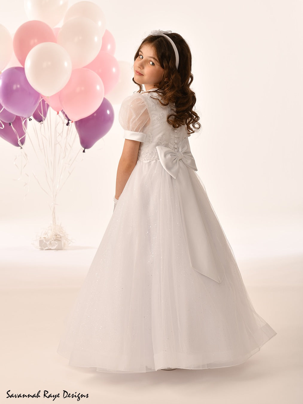 Savannah Raye By Linzi Jay Girls White Communion Dress:- SRD- Violet