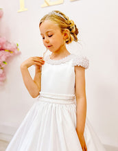 Load image into Gallery viewer, Crystal &amp; Pearl Duchess White Communion Dress Communion Dress (Satin Skirt)
