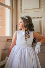 Load image into Gallery viewer, Crystal &amp; Pearl Valentina White Communion Dress (Satin Skirt)
