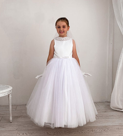 Crystal Pearl Monroe White Communion Dress (Tulle Skirt) Age
