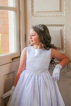 Load image into Gallery viewer, Crystal &amp; Pearl Valentina White Communion Dress (Satin Skirt)
