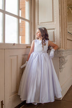 Load image into Gallery viewer, Crystal &amp; Pearl Valentina White Communion Dress (Satin Skirt)
