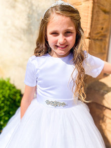 SALE COMMUNION DRESS Crystal & Pearl Blake White Communion Dress (Tulle Skirt)