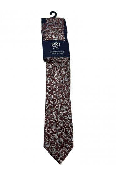 1880 Club Boys Tie & Pocket Square:- Burgundy Damask