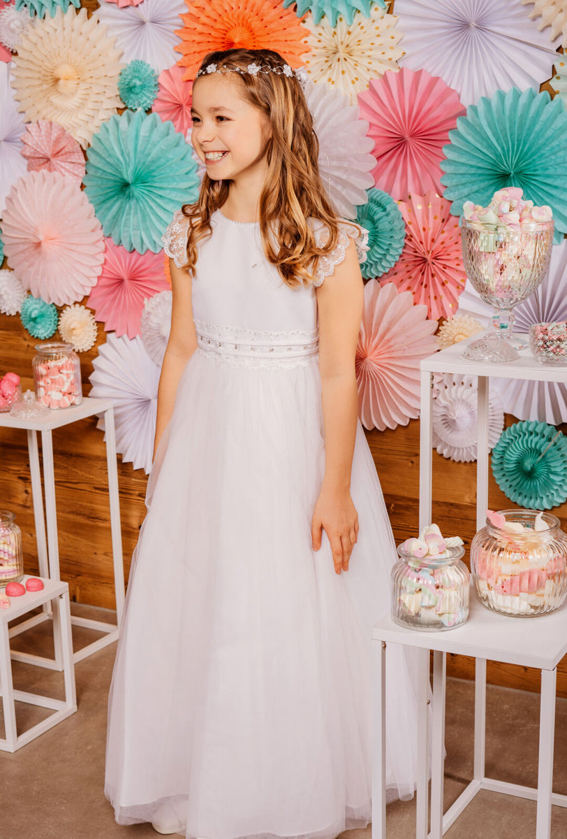 Little People Girls White Communion Dress:- Trinity