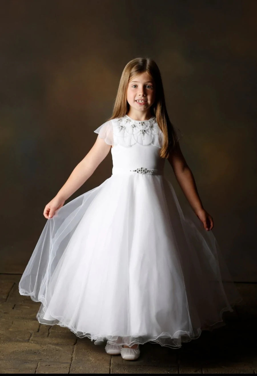 SALE COMMUNION DRESS Little People Girls White Communion Dress:- Tatum Age 7 & 8