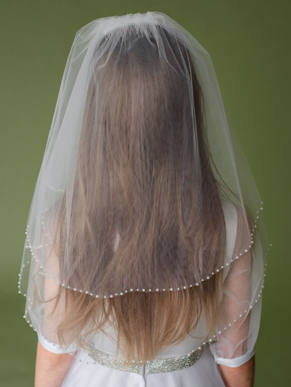 Linzi Jay White Straight Two Tier Pearl Edged Communion Veil:- LA1562NC