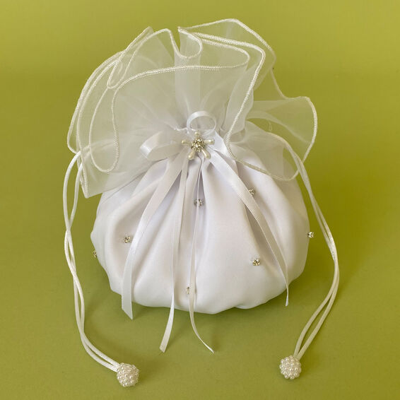Linzi Jay Girls White Satin and Organza Dolly Bag with Scattered Diamante:- LD15WT