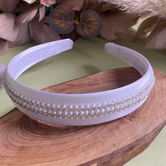Linzi Jay Girls Satin Headband With Diamanté And Pearl Trim:-LM258WT