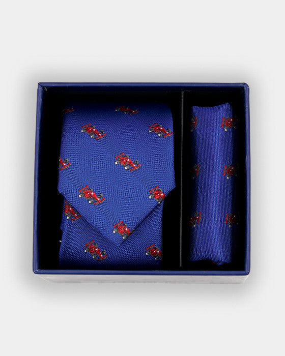Spagnolo Boys Blue Red Car Neck Tie and Pocket Square