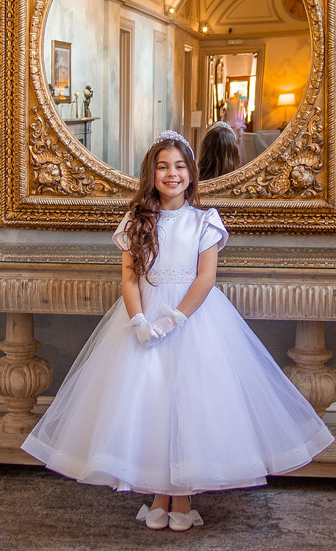 Crystal & Pearl Odessa White Communion Dress (Satin Skirt)