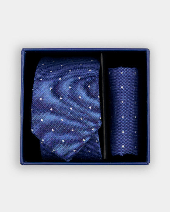 Spagnolo Boys Navy White Dot Neck Tie and Pocket Square