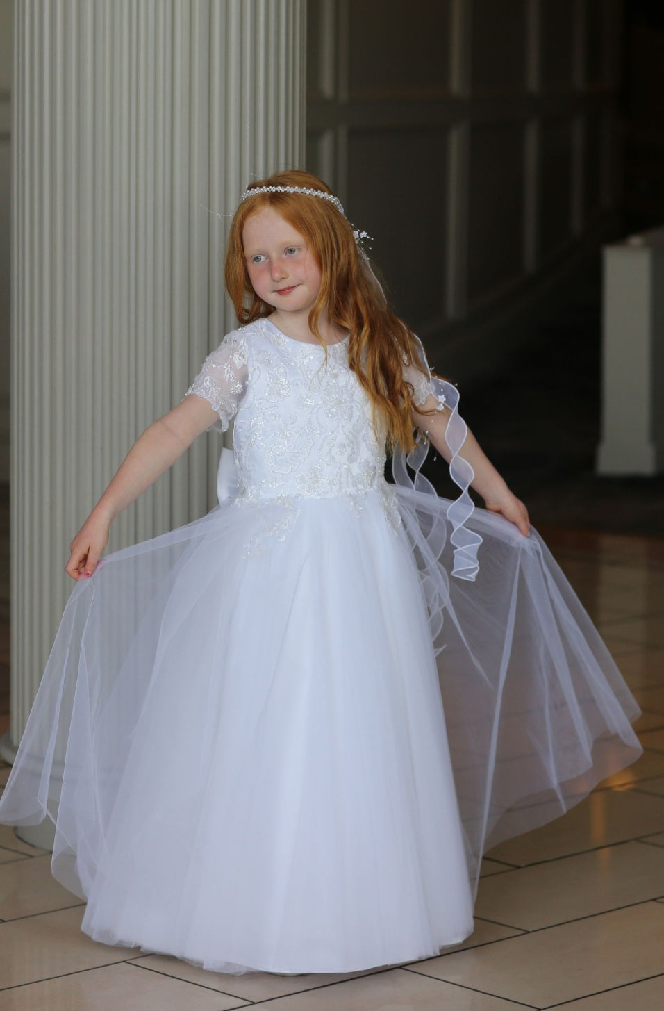 SALE COMMUNION DRESS Little People Girls White Communion Dress:- Uriel Age 7 & 8