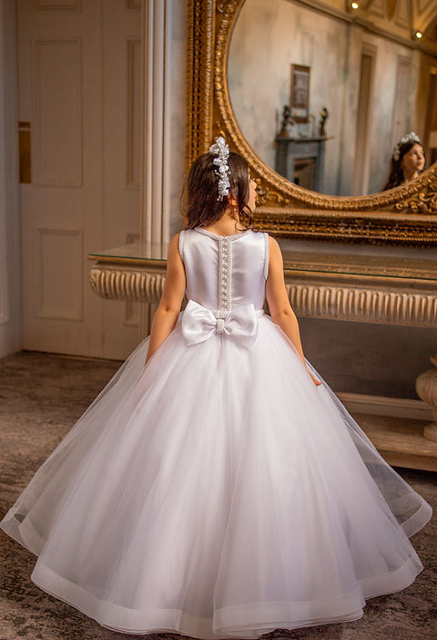 Crystal & Pearl Bella White Communion Dress (Tulle Ruffle Skirt)