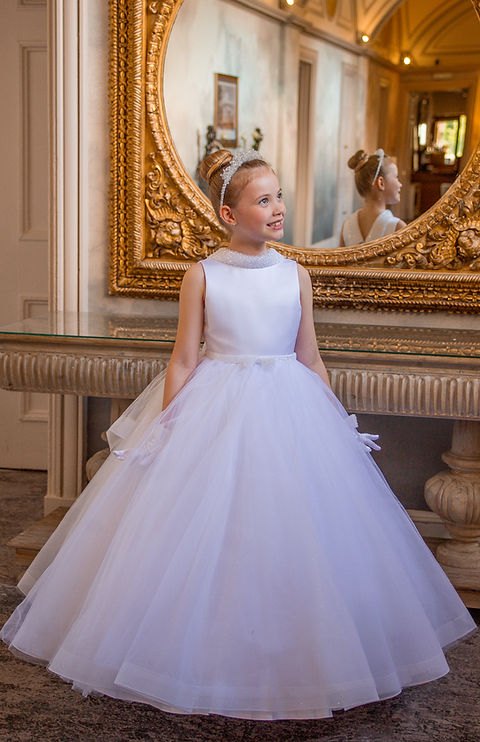 Crystal & Pearl Cristelle White Communion Dress (Tulle Ruffle Skirt)