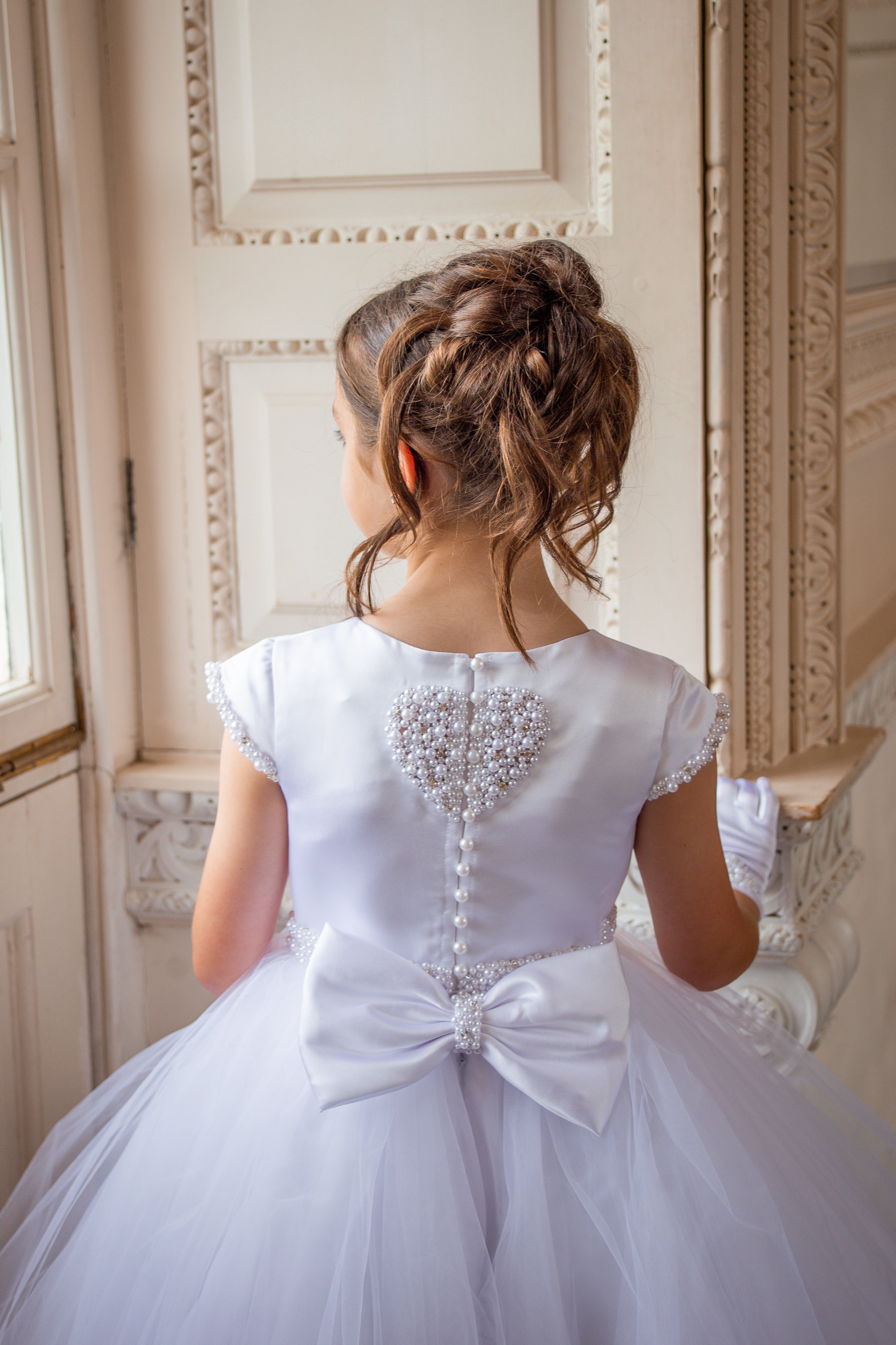 Crystal & Pearl Cherub White Communion Dress (Straight Tulle Skirt)