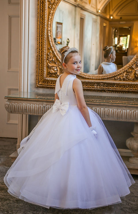 Crystal & Pearl Cristelle White Communion Dress (Tulle Ruffle Skirt)