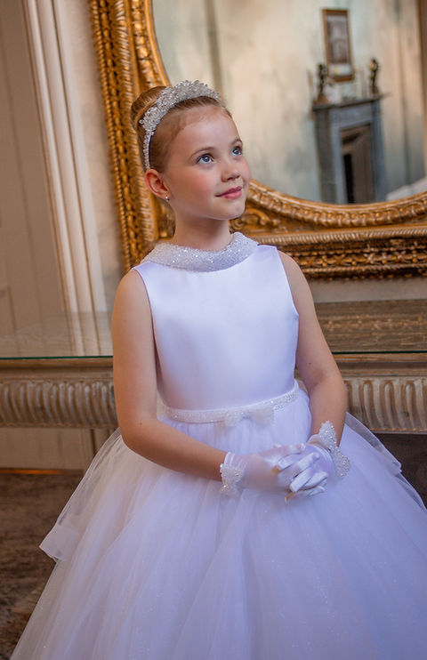 Crystal & Pearl Cristelle White Communion Dress (Tulle Ruffle Skirt)