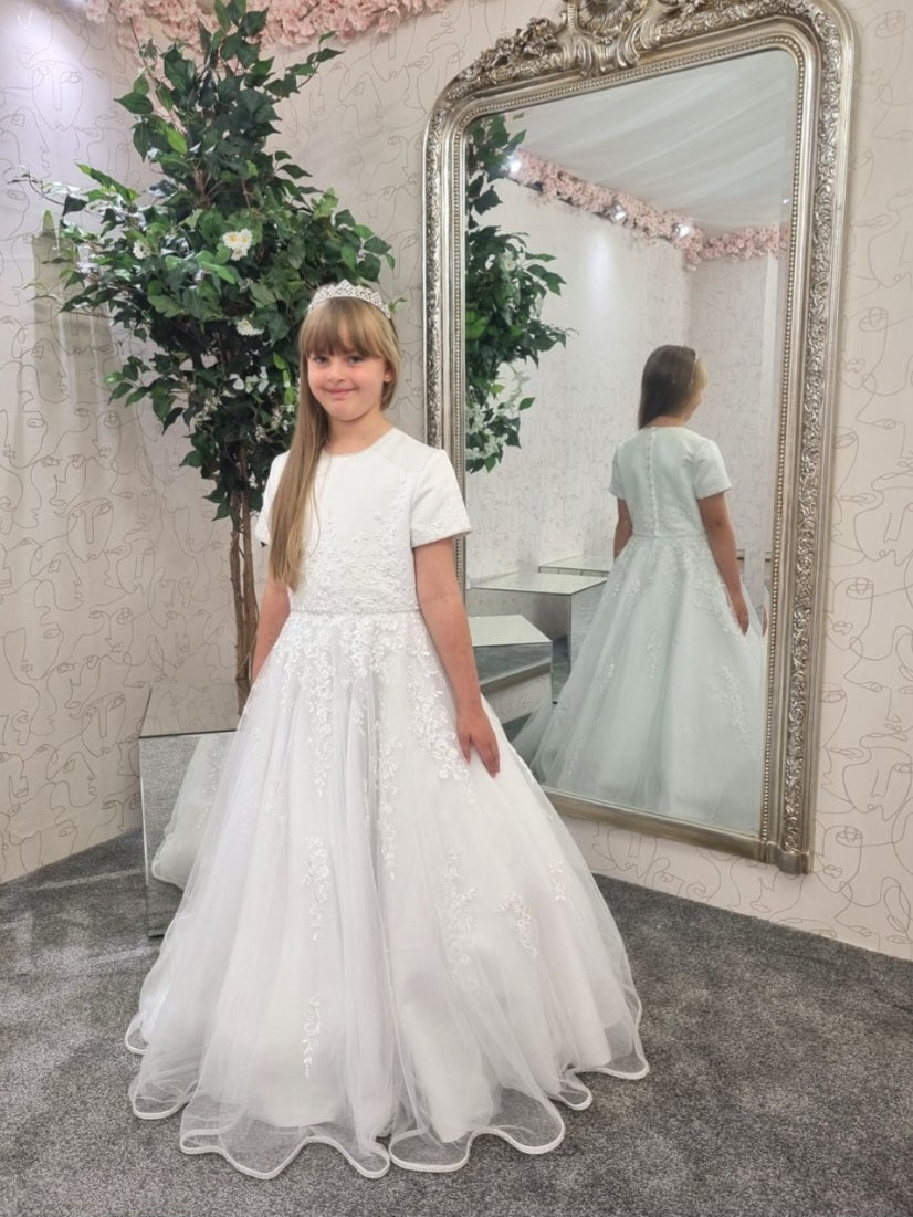 SALE COMMUNION DRESS Little People Girls White Communion Dress:- Dominica Age 6 & 8