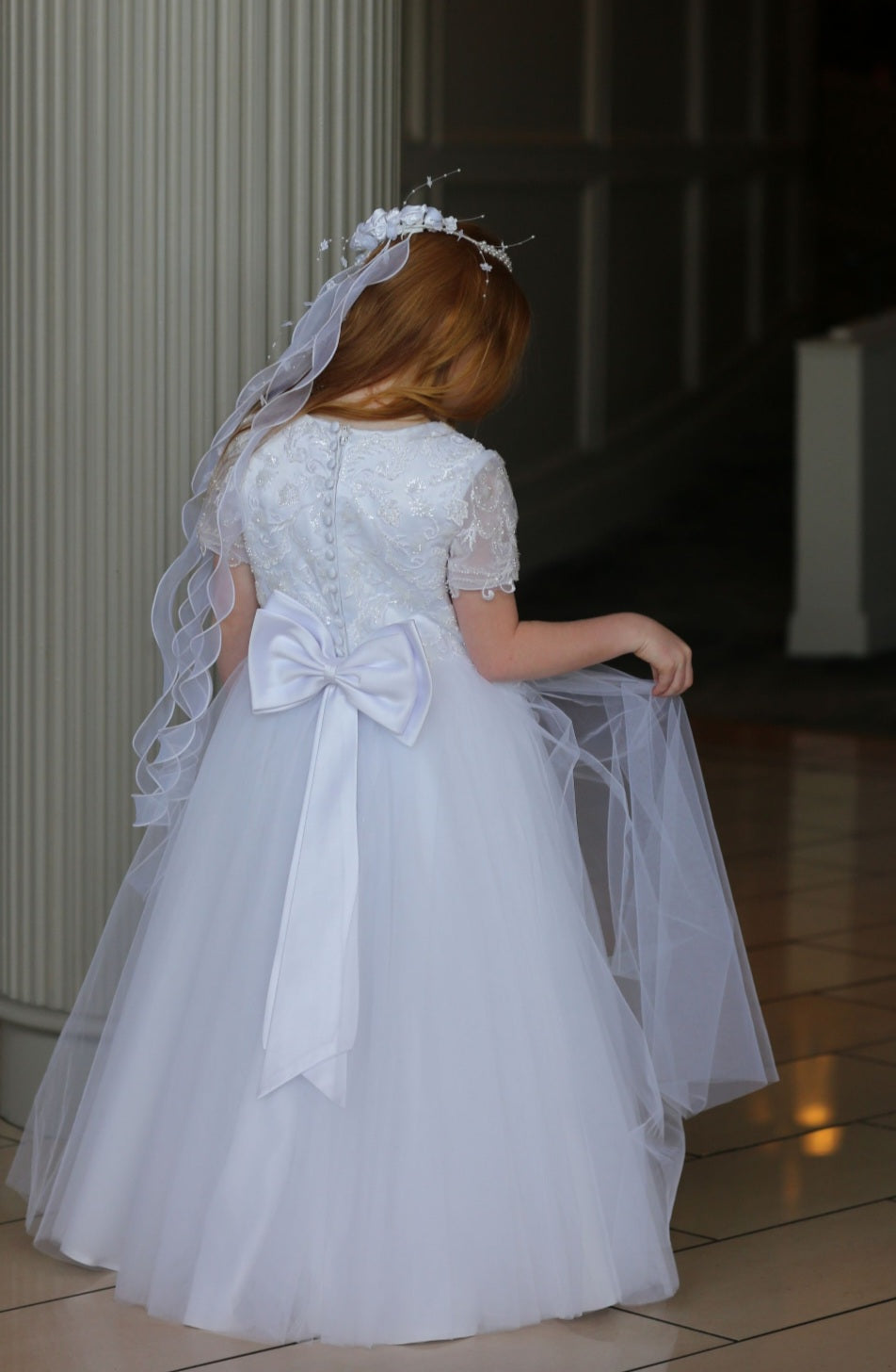 SALE COMMUNION DRESS Little People Girls White Communion Dress:- Uriel Age 7 & 8