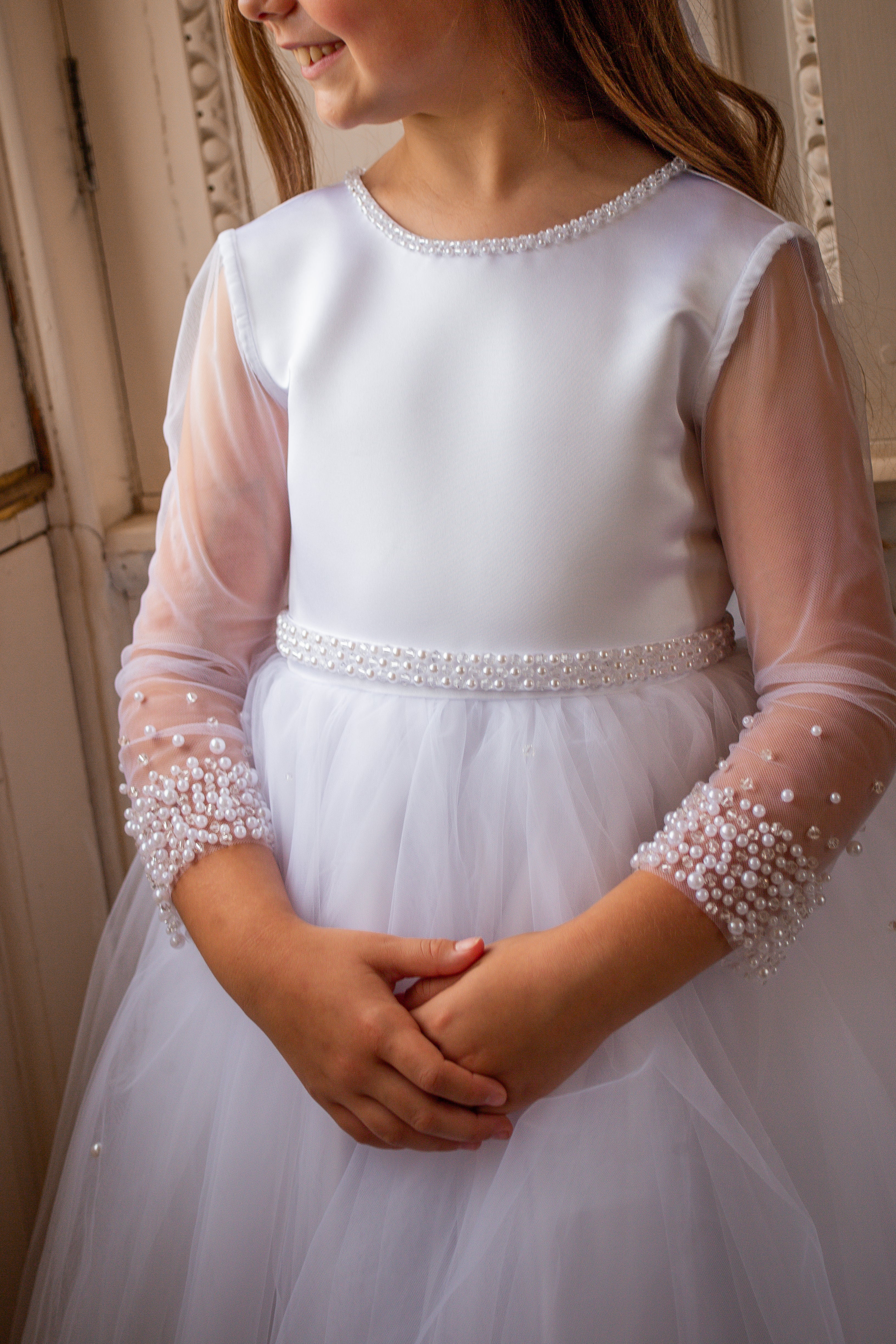 Crystal & Pearl Broadway White Communion Dress (Straight Beaded Skirt)
