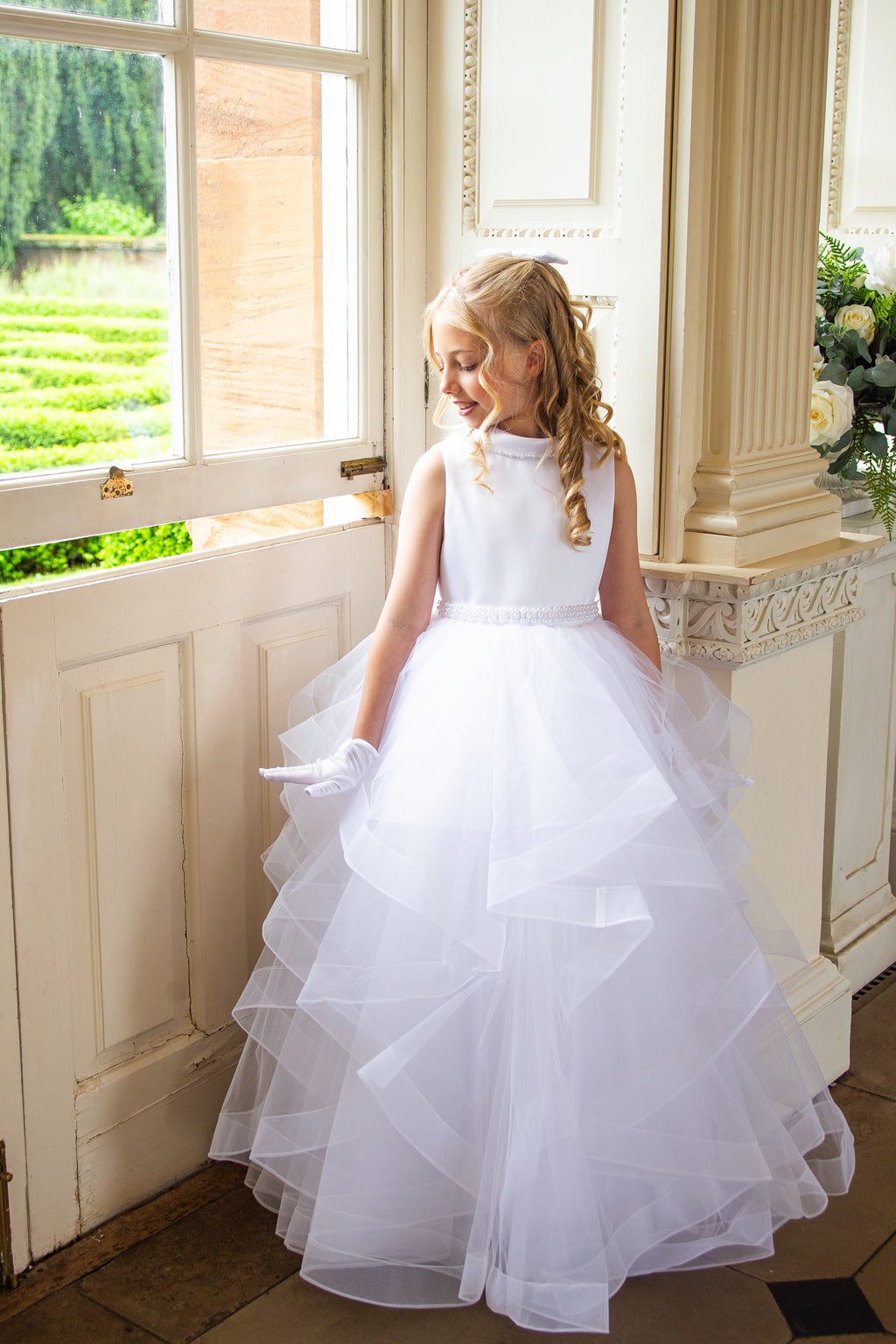 Crystal & Pearl Tiffany White Communion Dress (Ruffle Skirt)