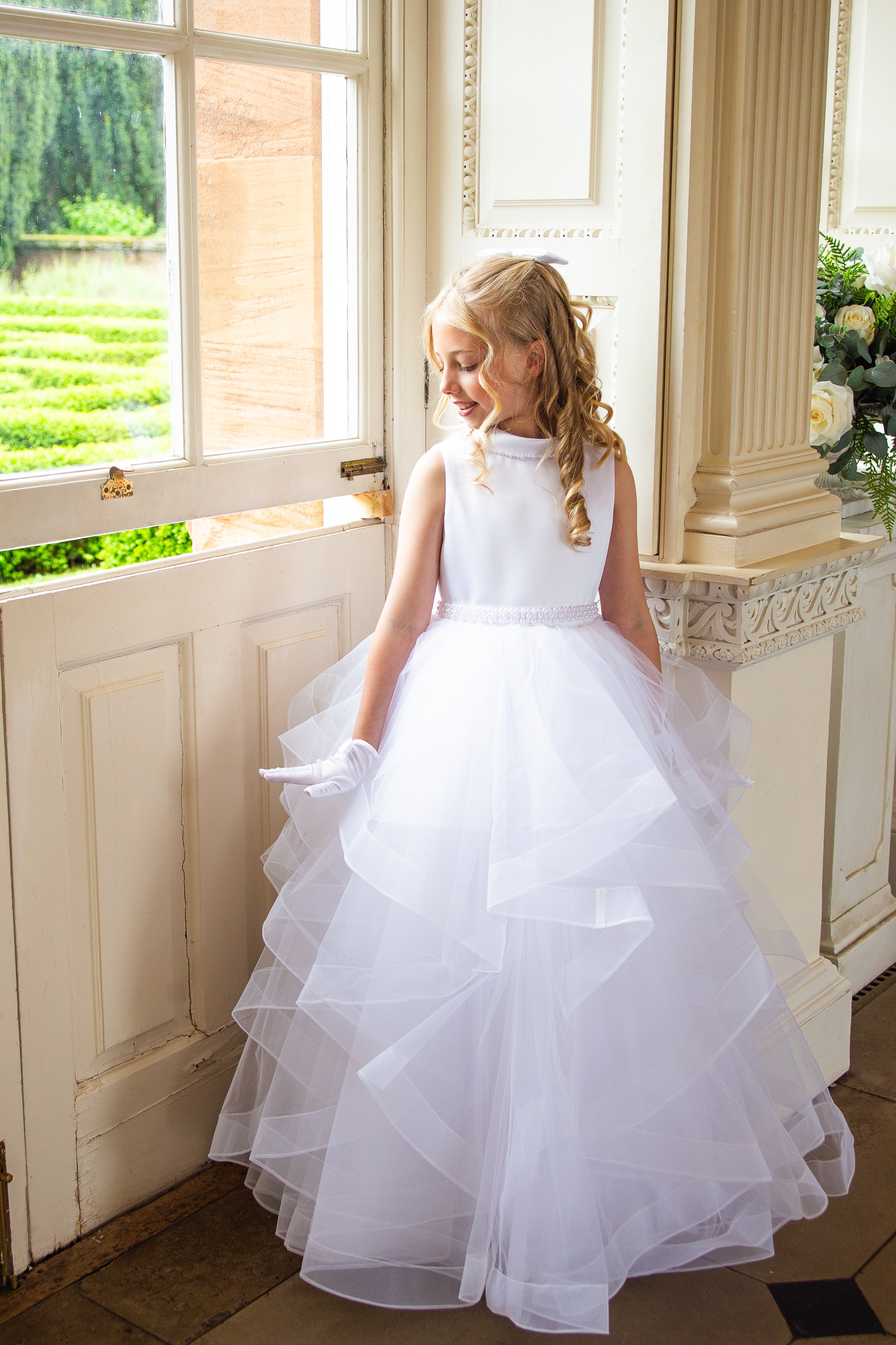 Crystal & Pearl Tiffany White Communion Dress (Ruffle Skirt)