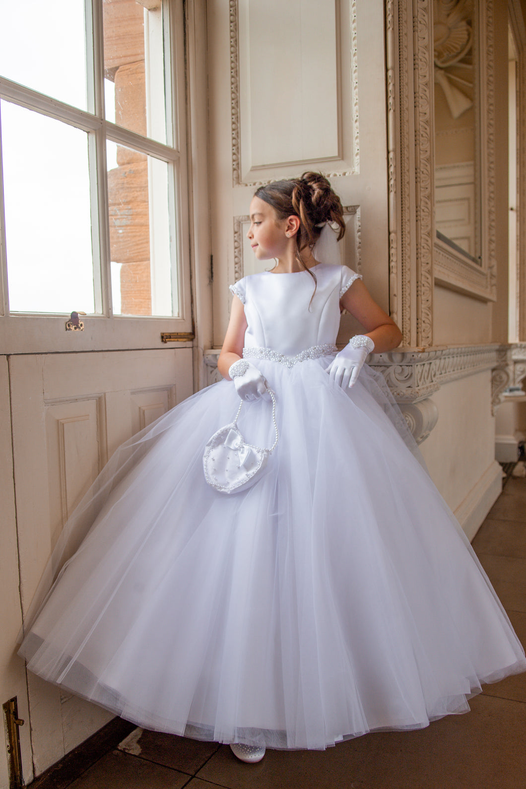 Crystal & Pearl Cherub White Communion Dress (Straight Tulle Skirt)