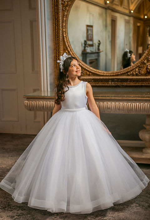 Crystal & Pearl Bella White Communion Dress (Tulle Ruffle Skirt)
