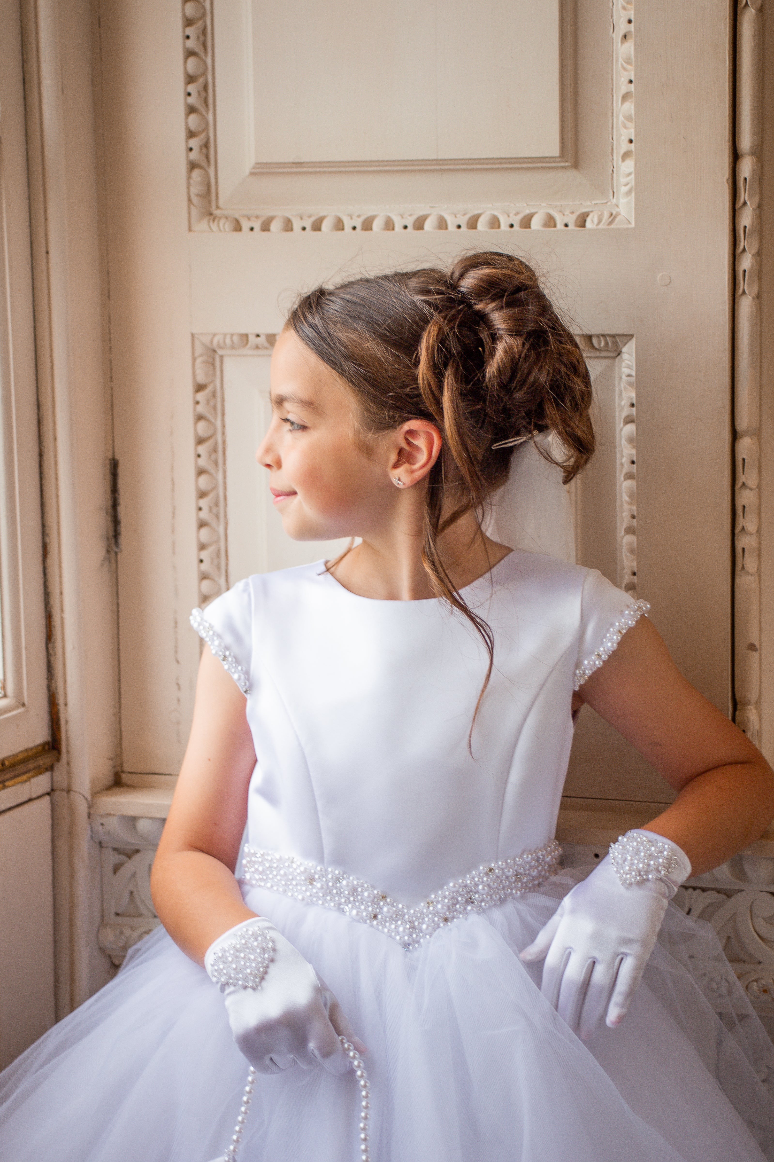 Crystal & Pearl Cherub White Communion Dress (Straight Tulle Skirt)