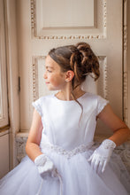Load image into Gallery viewer, Crystal &amp; Pearl Cherub White Communion Dress (Straight Tulle Skirt)
