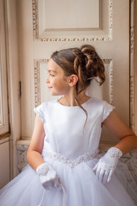 Crystal & Pearl Cherub White Communion Dress (Straight Tulle Skirt)