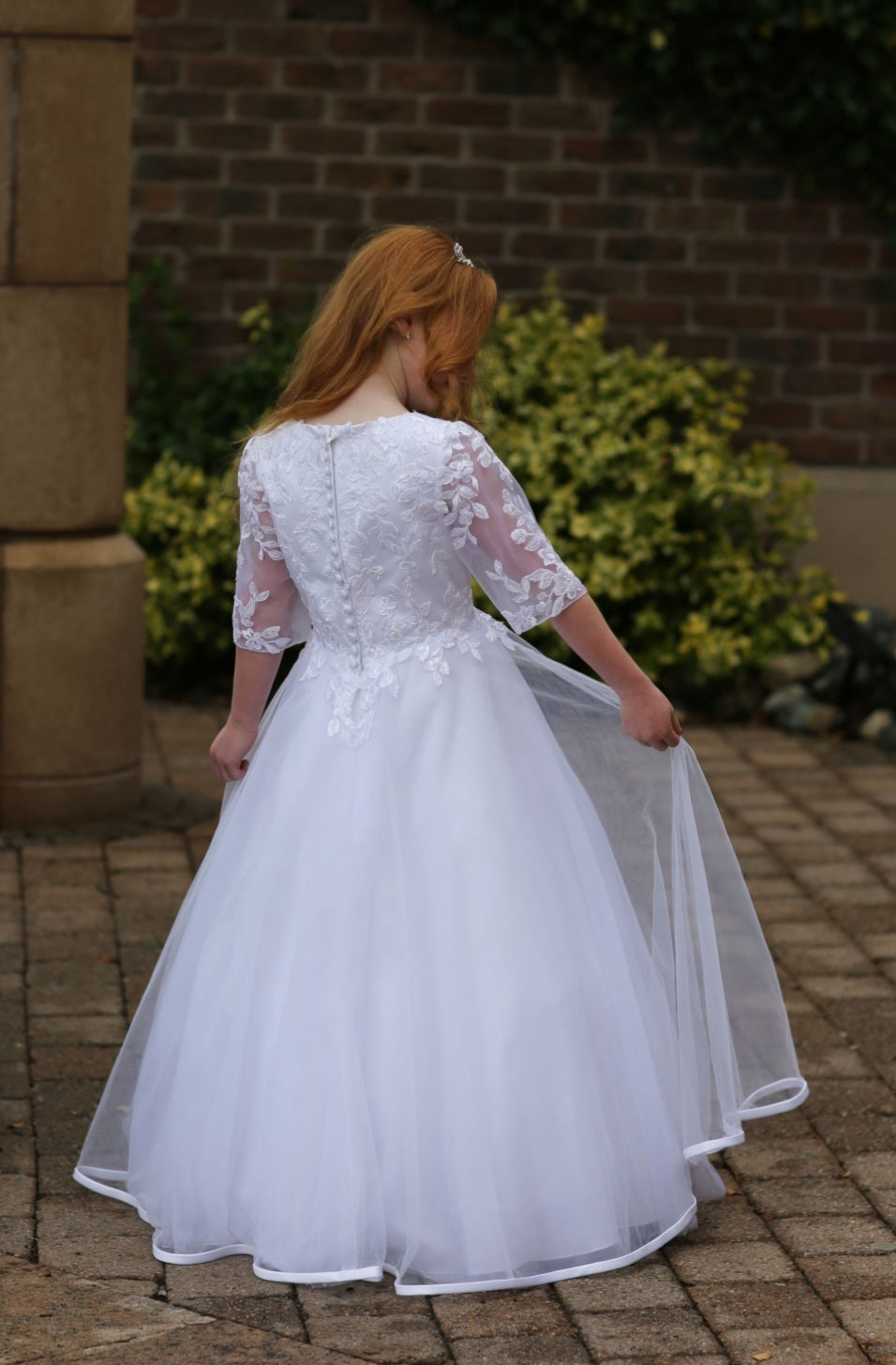 SALE COMMUNION DRESS Little People Girls White Communion Dress:- Dua Age 7 & 9
