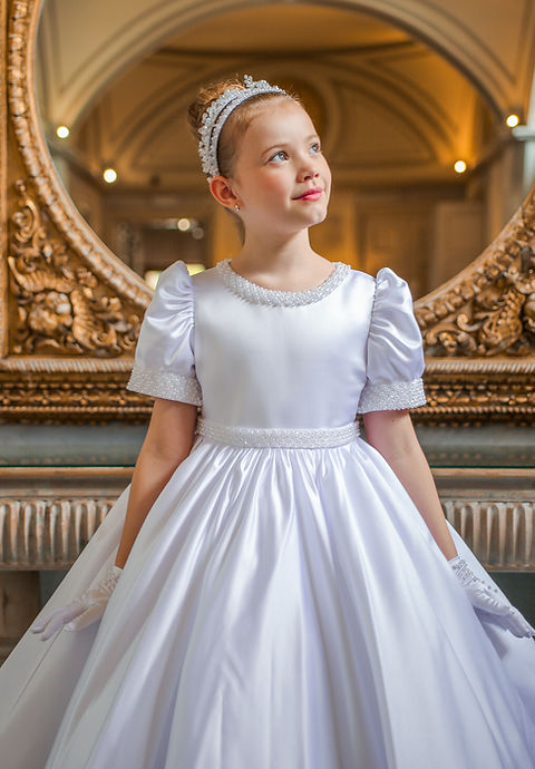 Crystal & Pearl Chloe White Communion Dress (Satin Skirt)