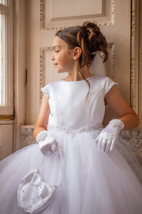Crystal & Pearl Cherub White Communion Dress (Straight Tulle Skirt)