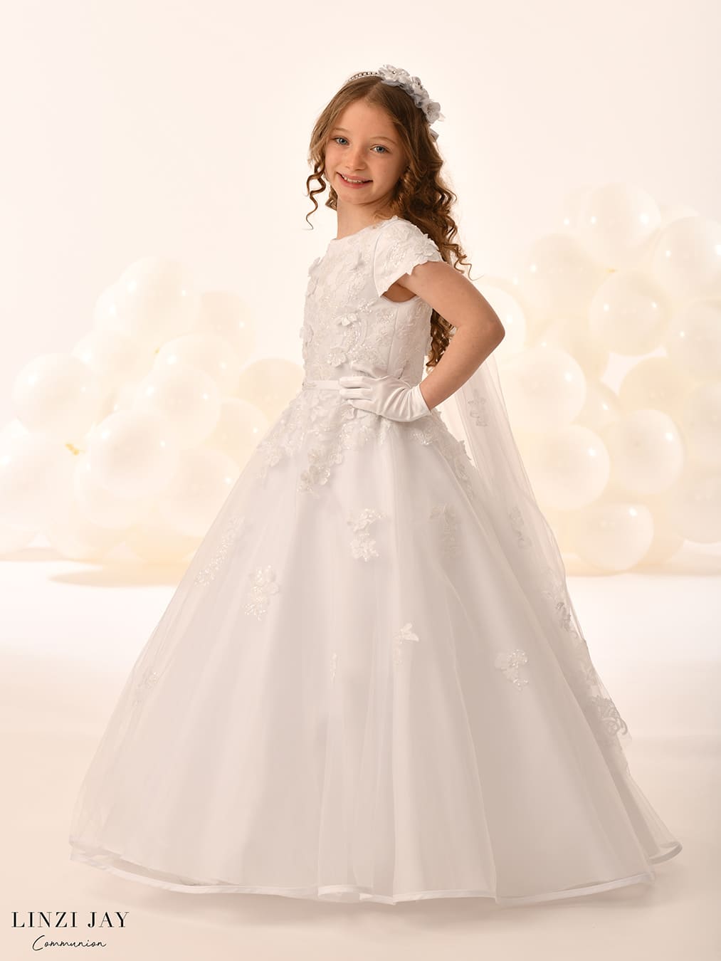 Linzi Jay Girls White Communion Dress:- Saffron