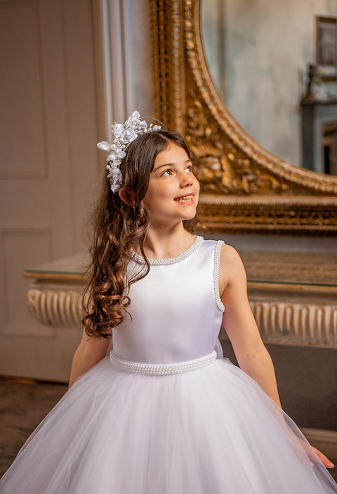 Crystal & Pearl Bella White Communion Dress (Tulle Ruffle Skirt)