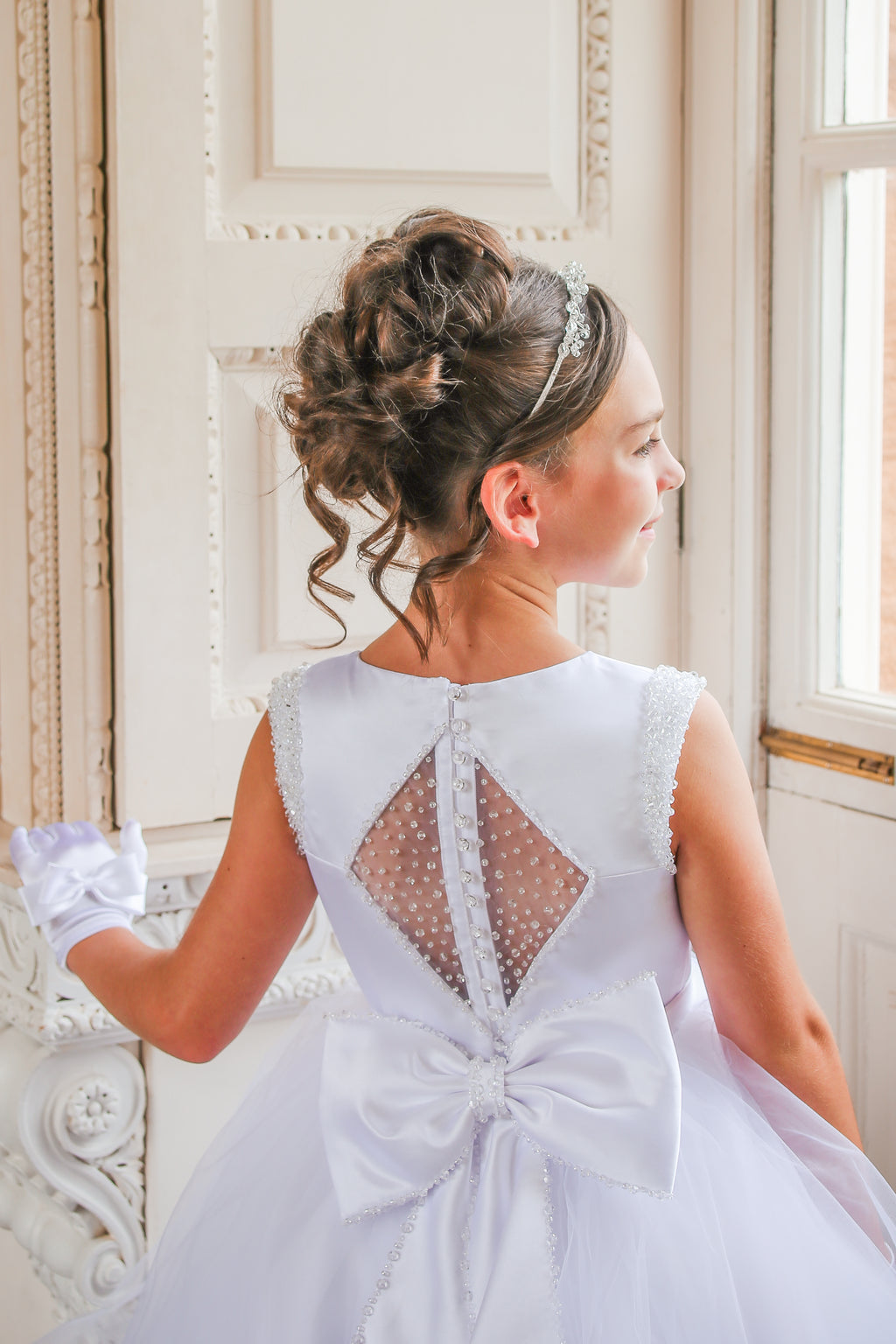 Crystal & Pearl Boujee White Communion Dress (Straight Skirt With Horsehair Hem)