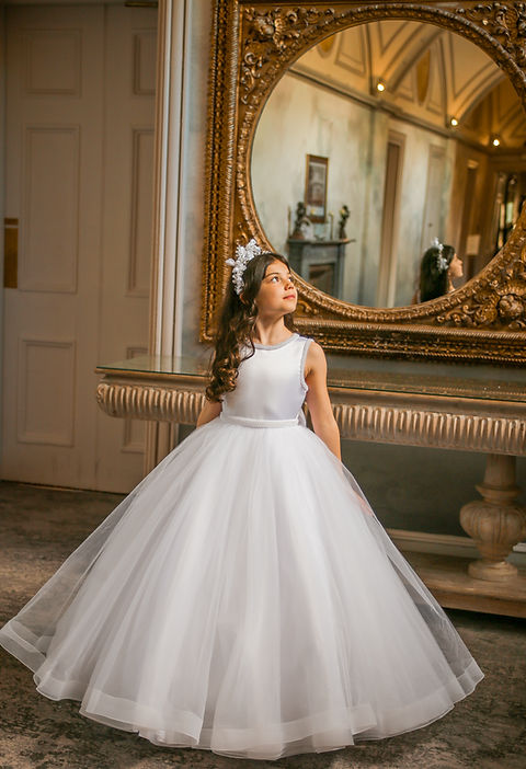 Crystal & Pearl Bella White Communion Dress (Tulle Ruffle Skirt)