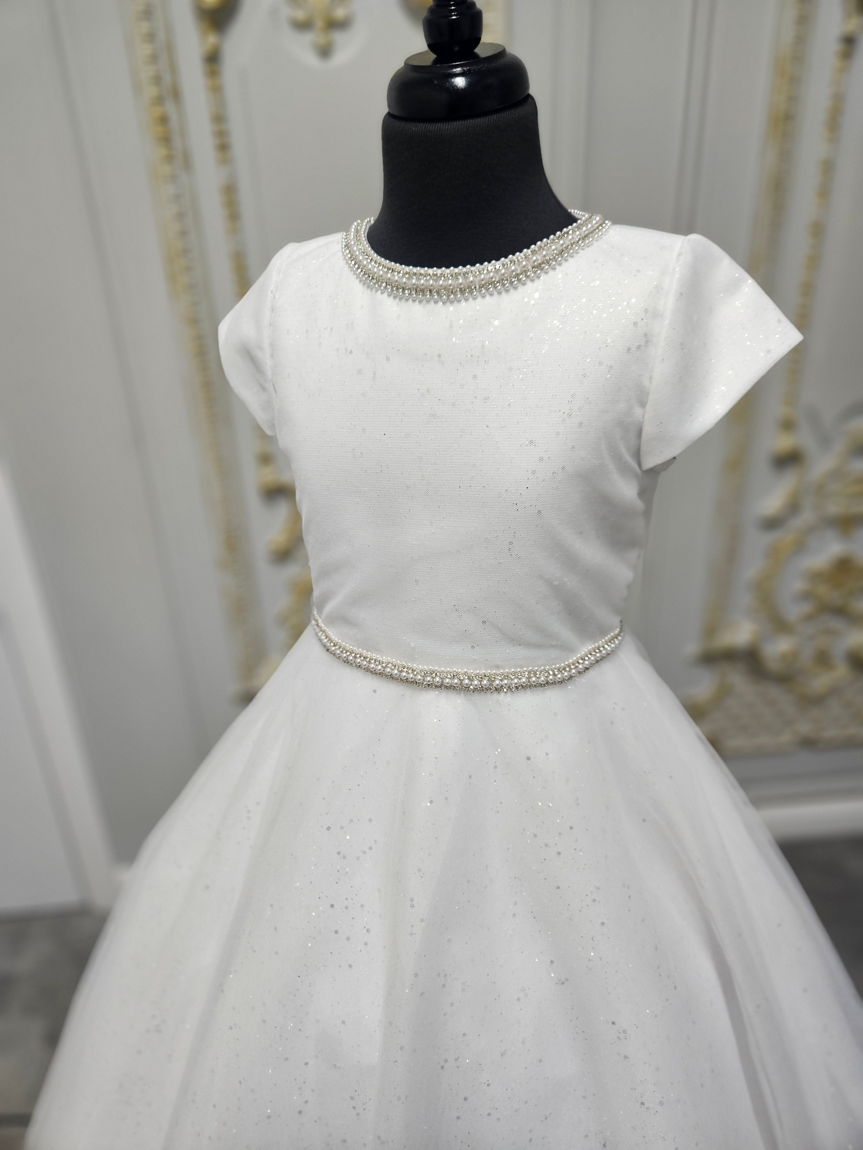 Linzi Jay Girls White Communion Dress:- Izzy With Cap Sleeve