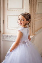 Load image into Gallery viewer, Crystal &amp; Pearl Cherub White Communion Dress (Straight Tulle Skirt)
