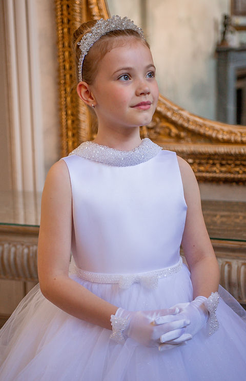 Crystal & Pearl Cristelle White Communion Dress (Tulle Ruffle Skirt)