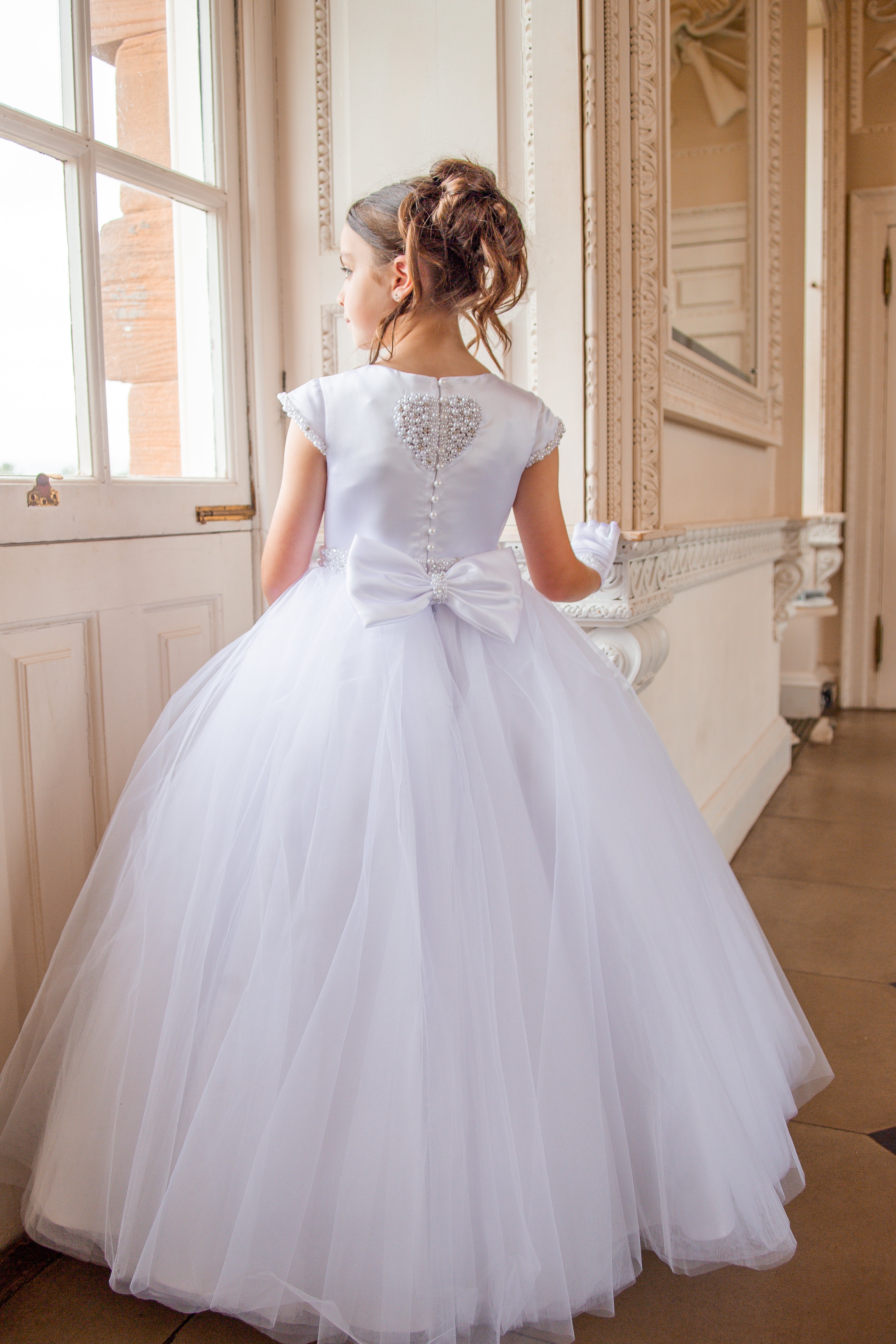 Crystal & Pearl Cherub White Communion Dress (Straight Tulle Skirt)