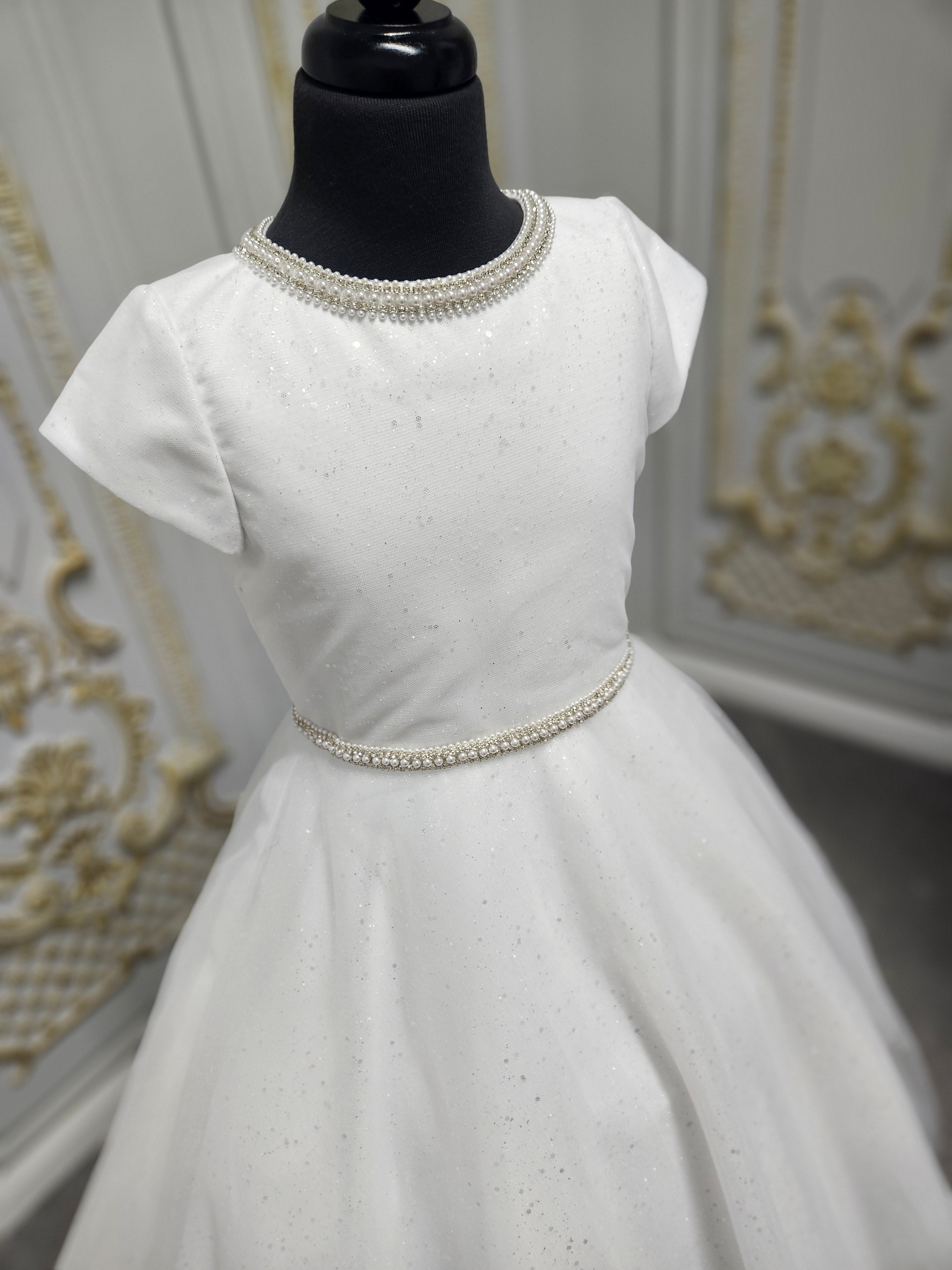 Linzi Jay Girls White Communion Dress:- Izzy With Cap Sleeve