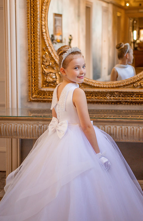 Crystal & Pearl Cristelle White Communion Dress (Tulle Ruffle Skirt)