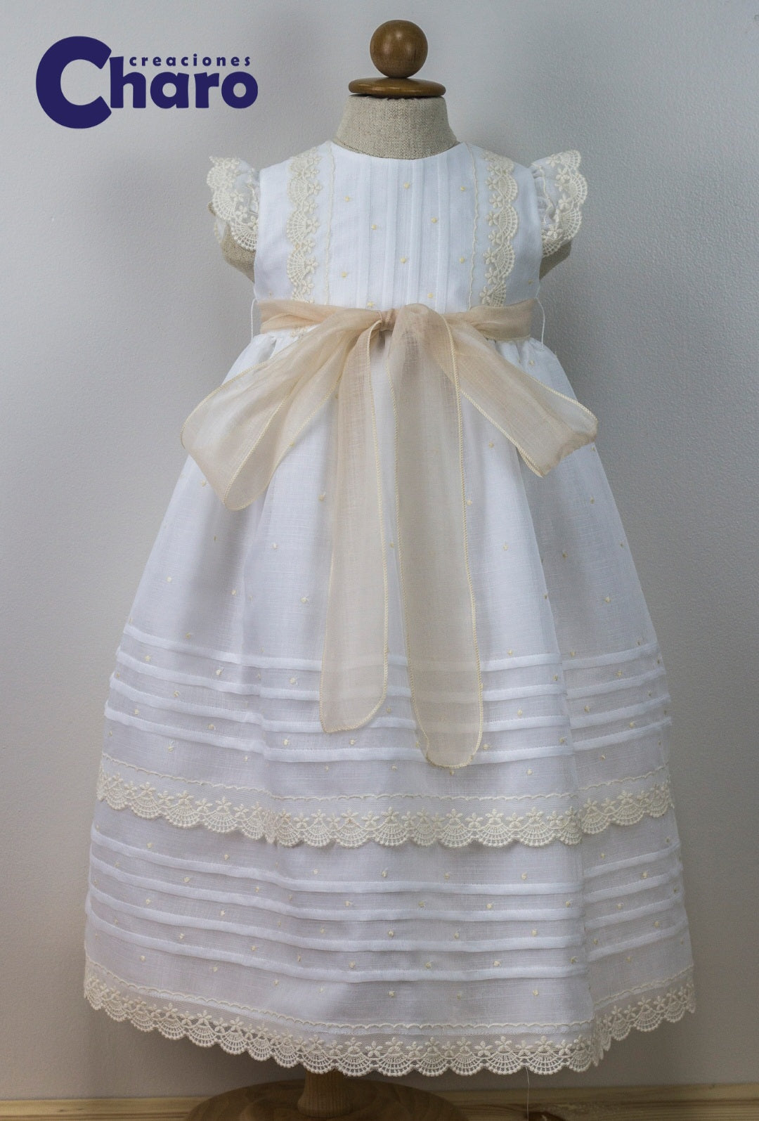 Unisex Charo Faldon Long Dress With Matching Pants:- Off White Embroidery 465 Christening Gown