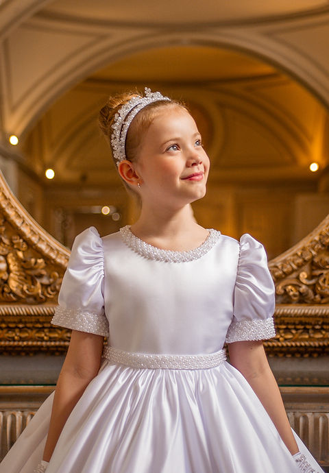 Crystal & Pearl Chloe White Communion Dress (Satin Skirt)