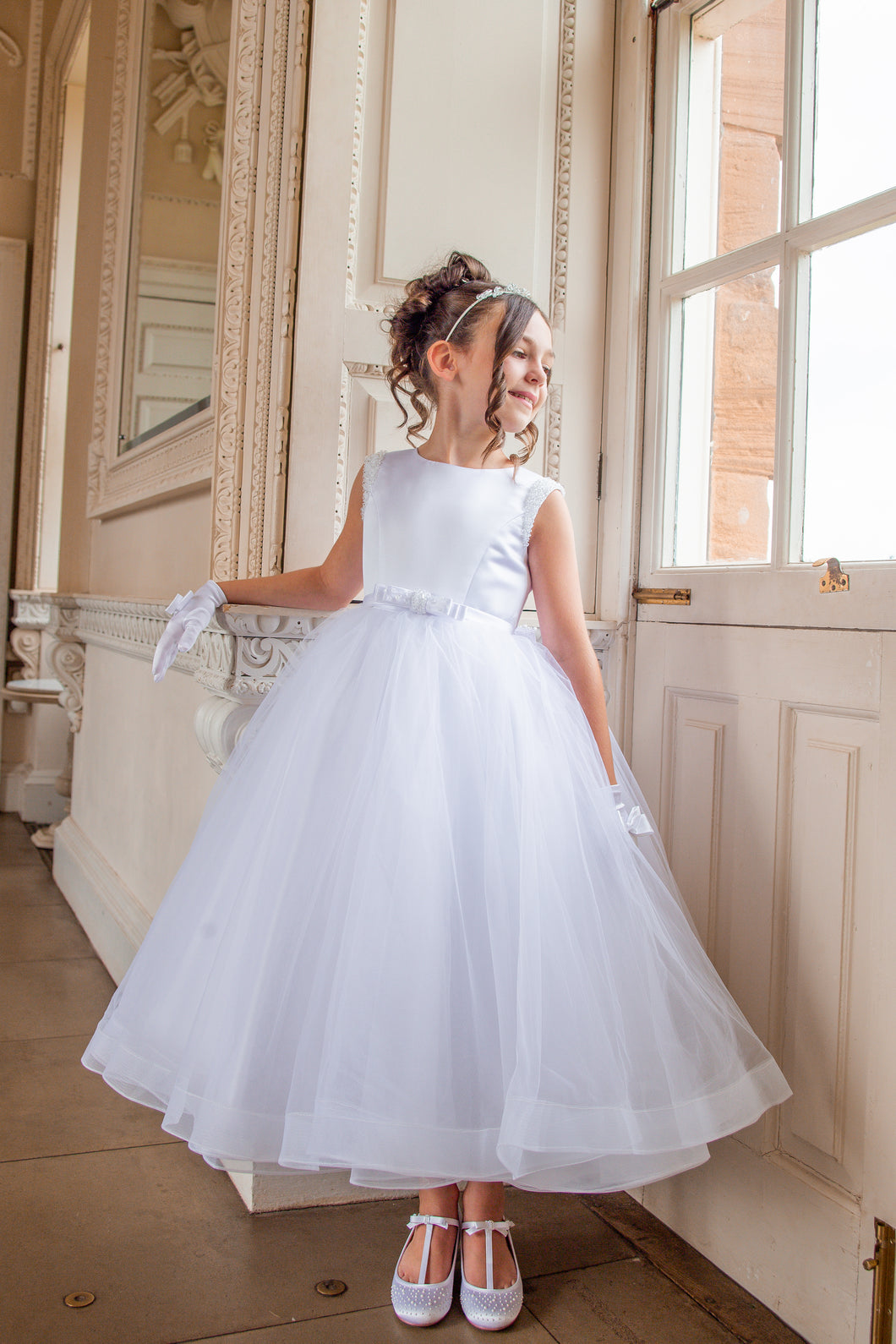 Crystal & Pearl Boujee White Communion Dress (Straight Skirt With Horsehair Hem)