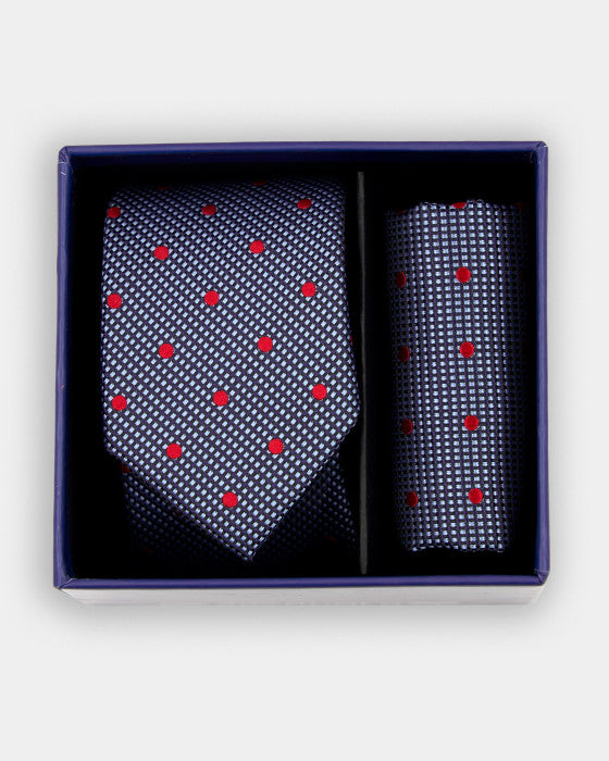 Spagnolo Boys Blue Red Dot Neck Tie and Pocket Square